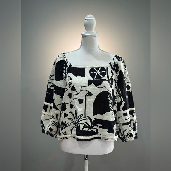 B/W Nicole Miller Patterned Linen Blouse Size M NWT - Picture 1 of 5